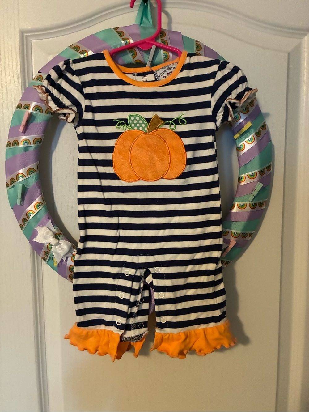 Striped Pumpkin Romper - Navy & White with Orange Trim